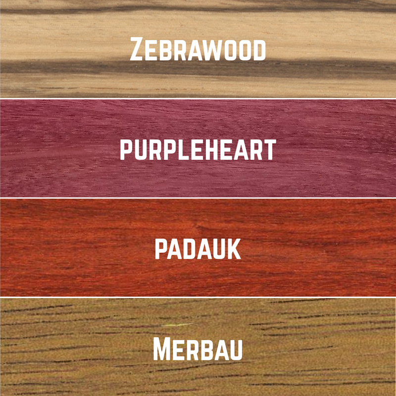 Imported Exotic Hardwood Variety Pack - Padauk, Zebrawood, Purpleheart, and Merbau