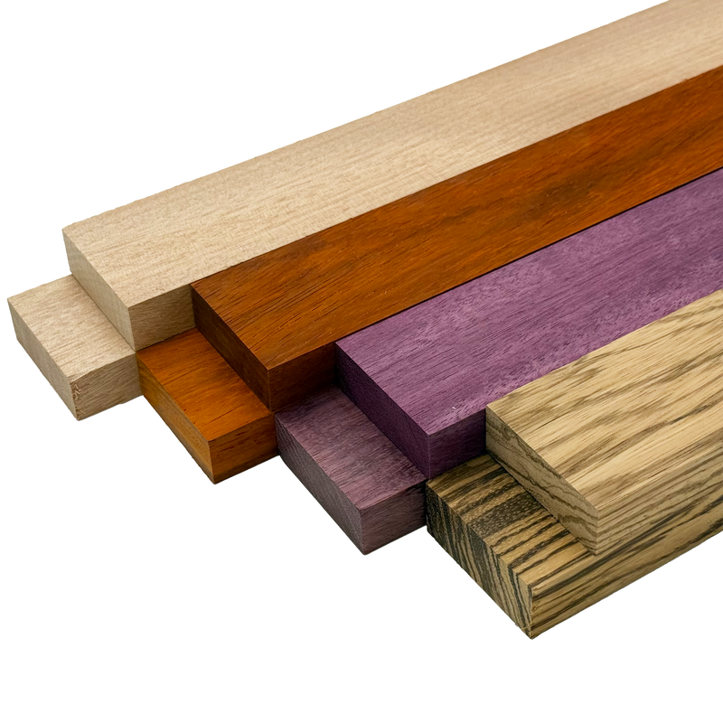 Imported Exotic Hardwood Variety Pack - Zebrawood, Purpleheart, Padauk, Okoume - 3/4" x 2" (8 Pcs)