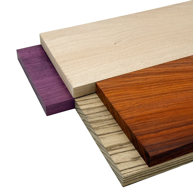 Imported Exotic Hardwood Variety Pack - Zebrawood, Purpleheart, Padauk, Okoume - 3/4" x 6" (4 Pcs)