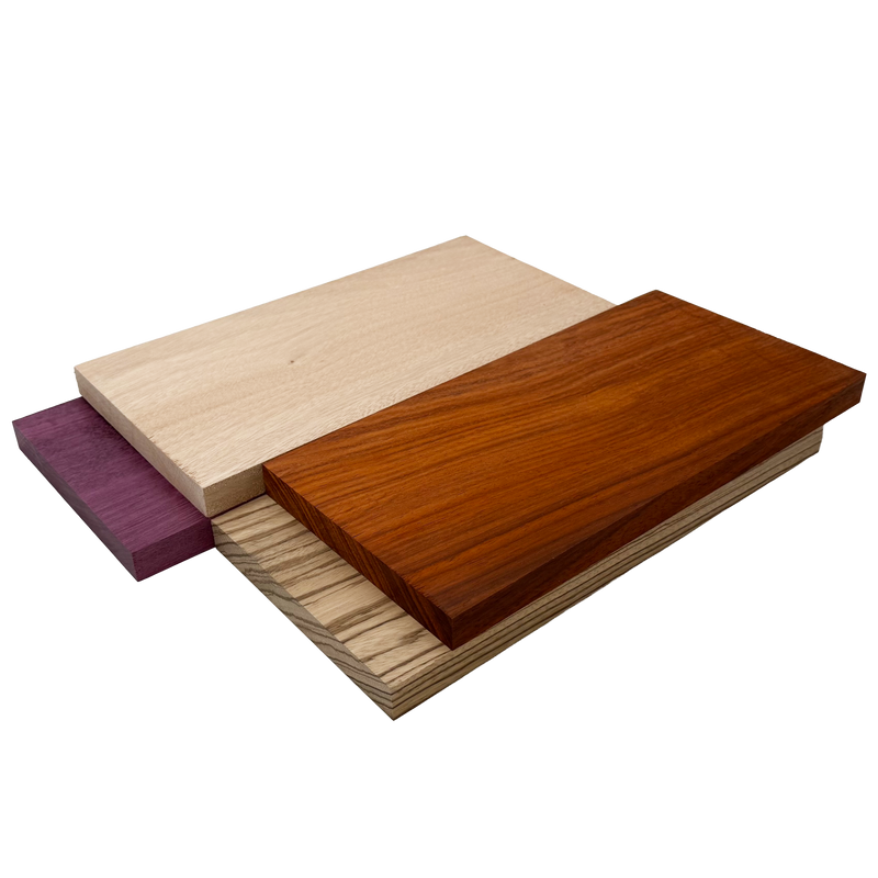 Imported Exotic Hardwood Variety Pack - Zebrawood, Purpleheart, Padauk, Okoume - 3/4" x 6" (4 Pcs)