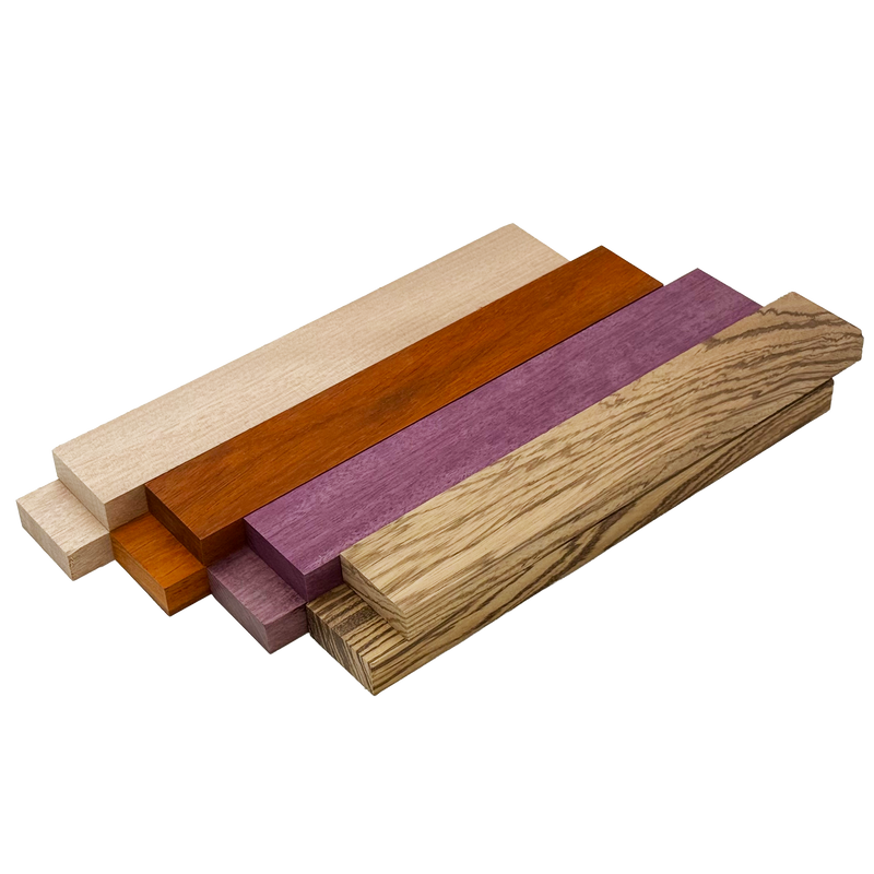 Imported Exotic Hardwood Variety Pack - Zebrawood, Purpleheart, Padauk, Okoume - 3/4" x 2" (8 Pcs)