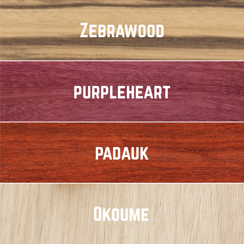 Imported Exotic Hardwood Variety Pack - Zebrawood, Purpleheart, Padauk, Okoume - 3/4" x 6" (4 Pcs)