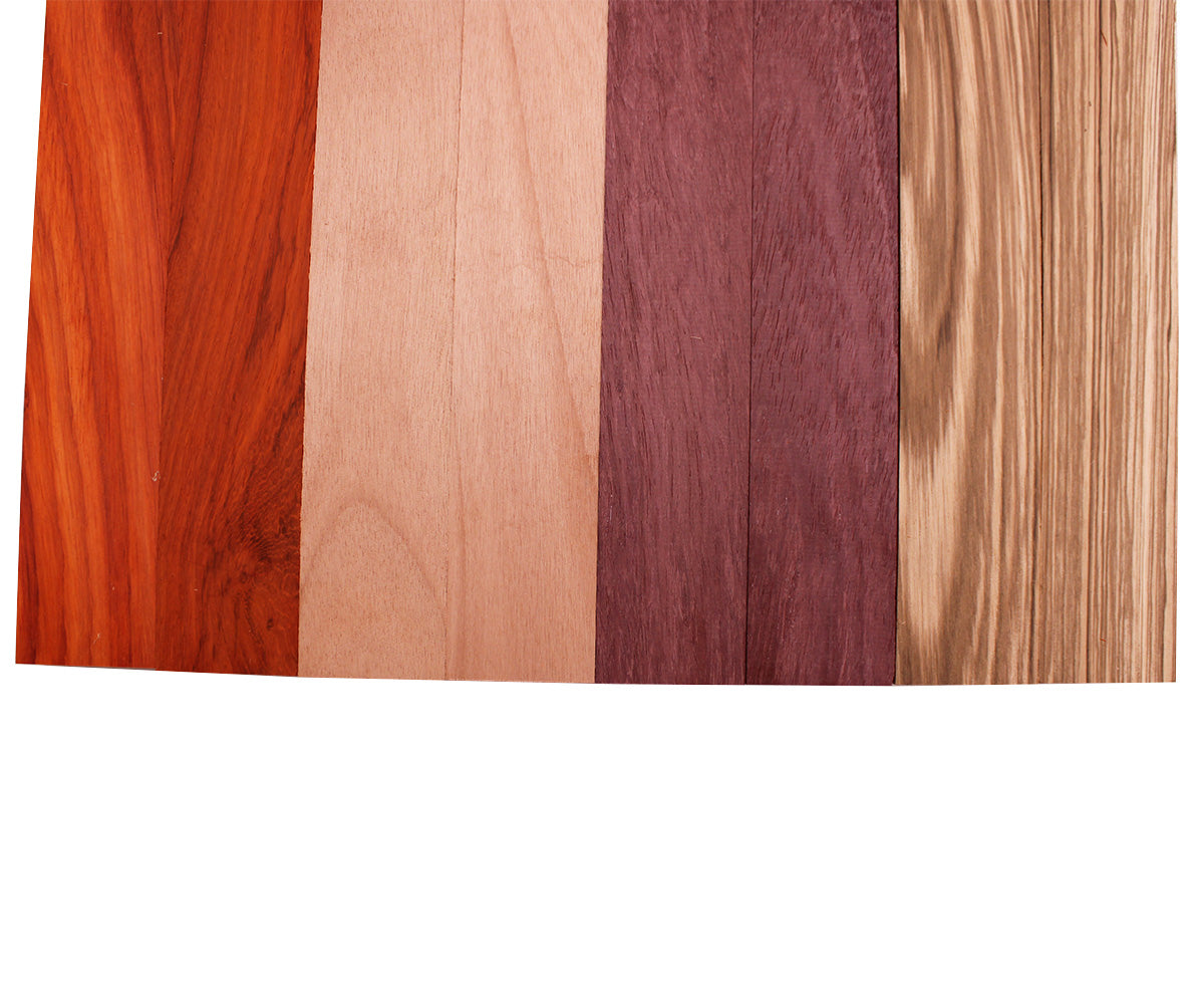 Imported Exotic Hardwood Variety Pack - Zebrawood, Purpleheart, Padauk, Okoume - 3/4" x 2" (8 Pcs)