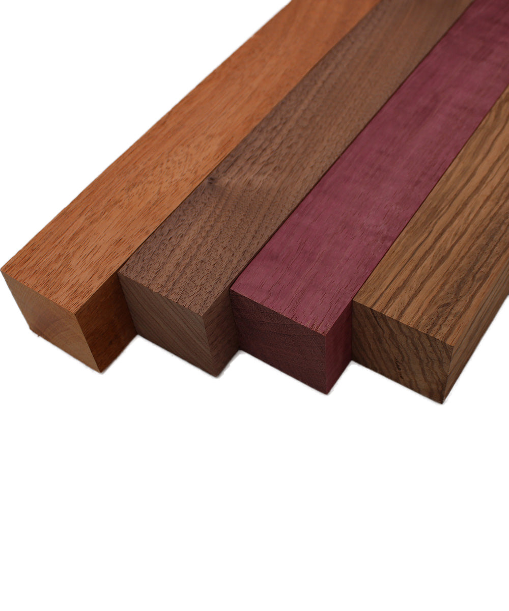 Barrington Hardwoods LLC Imported Exotic Hardwood Variety Pack Turning Blanks - Zebrawood, Purpleheart, Mahogany, and Walnut (2 x 2 x 12