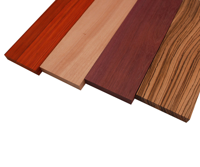 Imported Exotic Hardwood Variety Pack - Zebrawood, Purpleheart, Padauk, Okoume - 3/4" x 4" (4 Pcs)